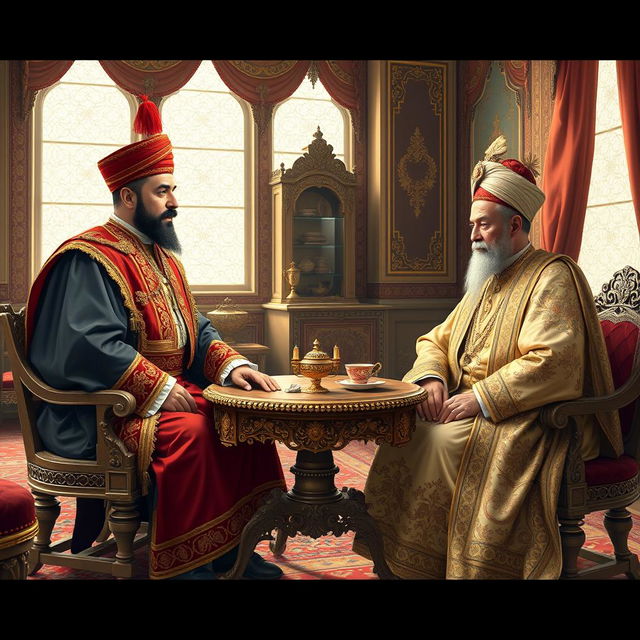 A historical depiction of Abd al-Hamid II, the Ottoman Sultan, in a meeting with Muzaffar al-Din Shah Qajar