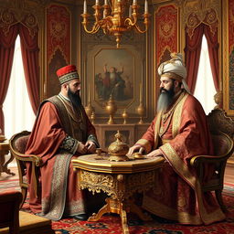 A historical depiction of Abd al-Hamid II, the Ottoman Sultan, in a meeting with Muzaffar al-Din Shah Qajar
