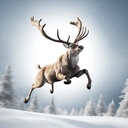 A high-quality digital art illustration of an imposing male reindeer in mid-jump