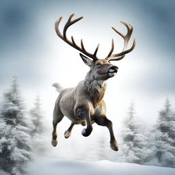 A high-quality digital art illustration of an imposing male reindeer in mid-jump