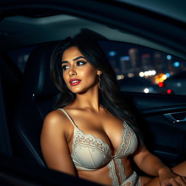 An Indian woman wearing delicate lingerie that beautifully showcases her figure, sitting in the passenger seat of a car during a dark night