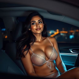 An Indian woman wearing delicate lingerie that beautifully showcases her figure, sitting in the passenger seat of a car during a dark night