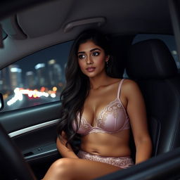 An Indian woman wearing delicate lingerie that beautifully showcases her figure, sitting in the passenger seat of a car during a dark night