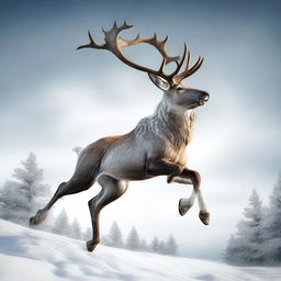 A high-quality digital art illustration of an imposing male reindeer in mid-jump