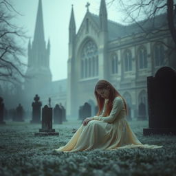 A hauntingly atmospheric scene depicting Bristol Cathedral in the background, showcasing its majestic Gothic architecture