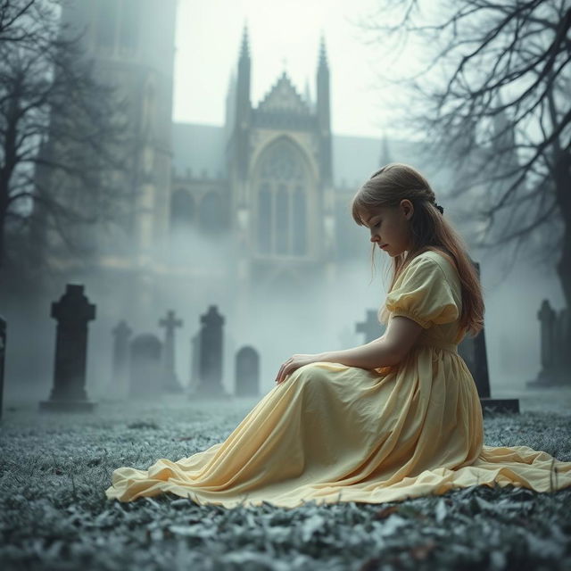 A hauntingly atmospheric scene depicting Bristol Cathedral in the background, showcasing its majestic Gothic architecture