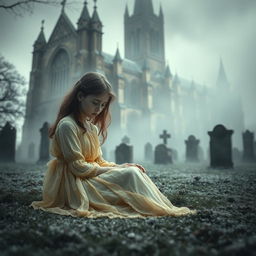 A hauntingly atmospheric scene depicting Bristol Cathedral in the background, showcasing its majestic Gothic architecture