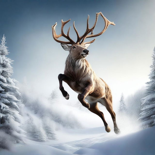 A high-quality digital art illustration of an imposing male reindeer in mid-jump