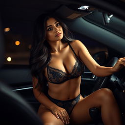 An Indian woman wearing exquisite lingerie that beautifully accentuates her figure and showcases her stunning cleavage, playfully sitting on the gear knob of a car during a dark night