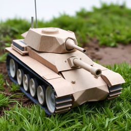 A handmade model tank constructed from paper, featuring realistic detailing without being overly polished or beautiful