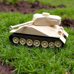 A handmade model tank constructed from paper, featuring realistic detailing without being overly polished or beautiful