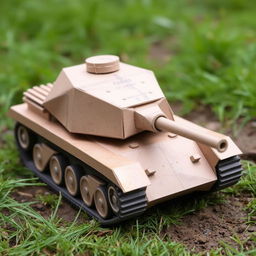 A handmade model tank constructed from paper, featuring realistic detailing without being overly polished or beautiful