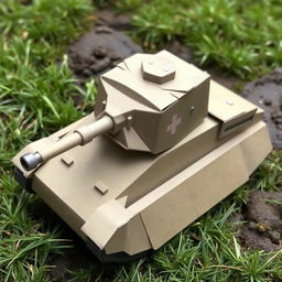 A handmade model tank constructed from paper, featuring realistic detailing without being overly polished or beautiful