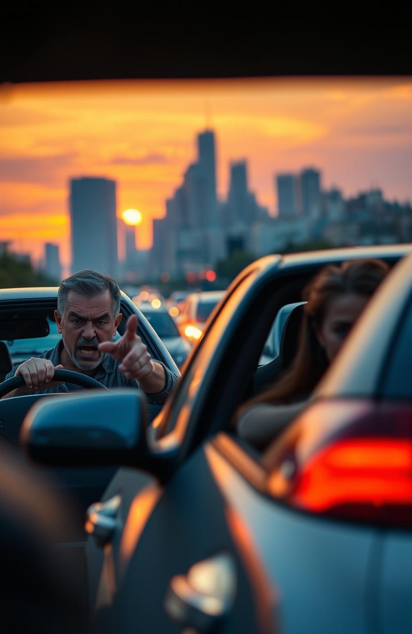 A dramatic scene depicting intense road rage between two drivers in a busy urban setting