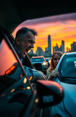 A dramatic scene depicting intense road rage between two drivers in a busy urban setting
