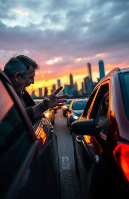 A dramatic scene depicting intense road rage between two drivers in a busy urban setting