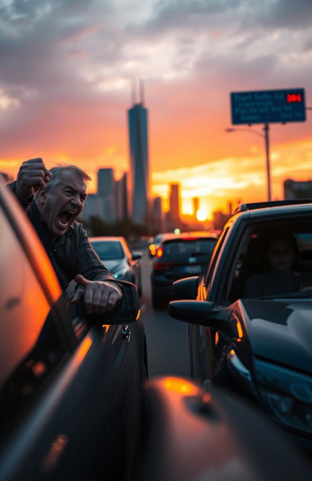 A dramatic scene depicting intense road rage between two drivers in a busy urban setting