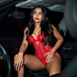 An Indian woman wearing striking red lingerie that beautifully showcases her figure and emphasizes her curves, playfully sitting on the gear knob of a car during a dark night