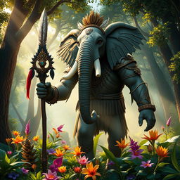A majestic Loxodon, a humanoid elephant creature, standing tall in a lush, vibrant forest