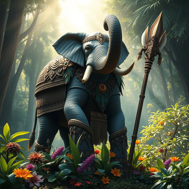 A majestic Loxodon, a humanoid elephant creature, standing tall in a lush, vibrant forest