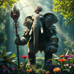 A majestic Loxodon, a humanoid elephant creature, standing tall in a lush, vibrant forest