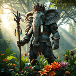 A majestic Loxodon, a humanoid elephant creature, standing tall in a lush, vibrant forest