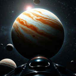 A stunning view of Jupiter as seen from a spaceship, highlighting its swirling clouds in vibrant shades of orange, red, and white, with a magnificent view of its Great Red Spot