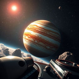 A stunning view of Jupiter as seen from a spaceship, highlighting its swirling clouds in vibrant shades of orange, red, and white, with a magnificent view of its Great Red Spot