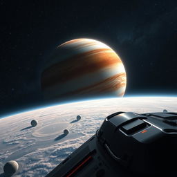 A stunning view of Jupiter as seen from a spaceship, highlighting its swirling clouds in vibrant shades of orange, red, and white, with a magnificent view of its Great Red Spot
