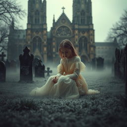 A hauntingly atmospheric scene featuring Bristol Cathedral in the background, showcasing its impressive Gothic architecture