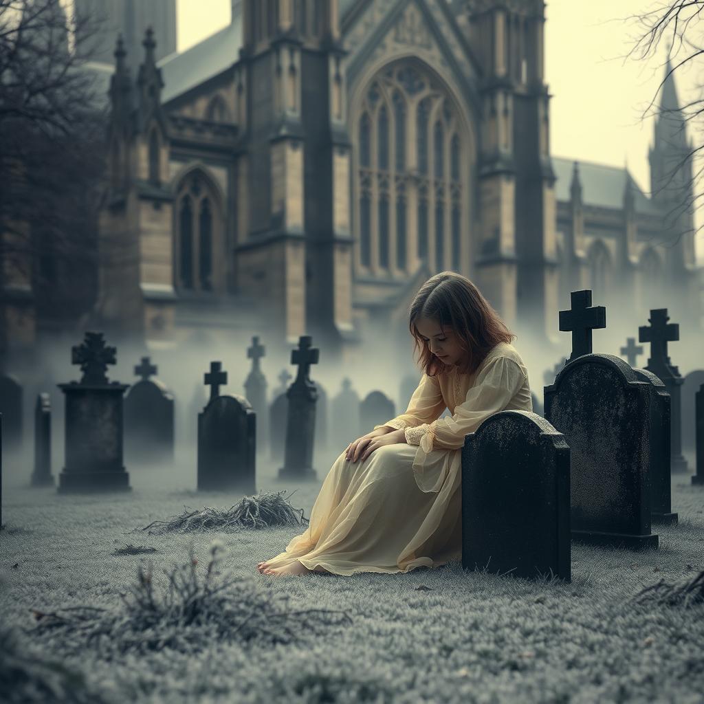 A hauntingly atmospheric scene featuring Bristol Cathedral in the background, showcasing its impressive Gothic architecture