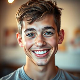 A close-up portrait of a 20-year-old young man, showcasing his youthful features with a bright smile