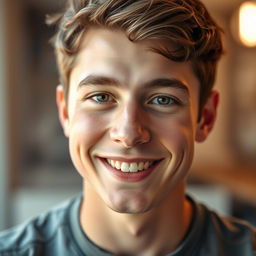 A close-up portrait of a 20-year-old young man, showcasing his youthful features with a bright smile