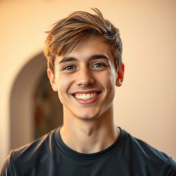 A close-up portrait of a 20-year-old young man, showcasing his youthful features with a bright smile