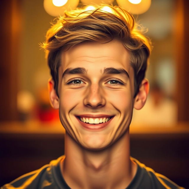 A close-up portrait of a 20-year-old young man, showcasing his youthful features with a bright smile