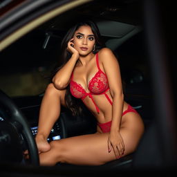 An Indian woman wearing alluring red lingerie that elegantly highlights her figure, playfully sitting on the gear knob of a car during a dark night