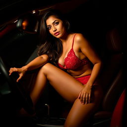 An Indian woman wearing alluring red lingerie that elegantly highlights her figure, playfully sitting on the gear knob of a car during a dark night