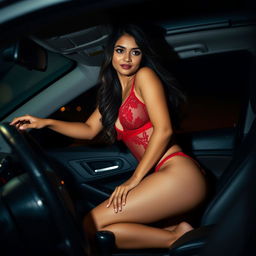 An Indian woman wearing alluring red lingerie that elegantly highlights her figure, playfully sitting on the gear knob of a car during a dark night
