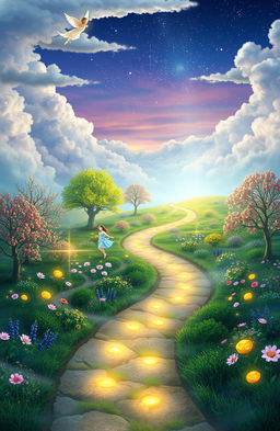 A mystical and serene representation of the afterlife, featuring a celestial landscape filled with ethereal light