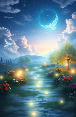 A mystical and serene representation of the afterlife, featuring a celestial landscape filled with ethereal light