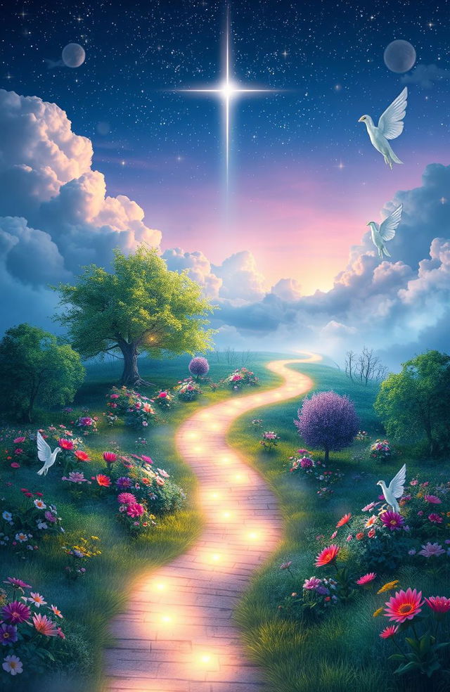 A mystical and serene representation of the afterlife, featuring a celestial landscape filled with ethereal light