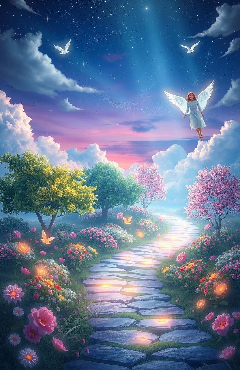 A mystical and serene representation of the afterlife, featuring a celestial landscape filled with ethereal light