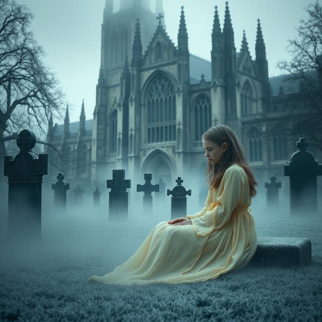 A hauntingly atmospheric scene featuring Bristol Cathedral rising majestically in the background, showcasing its intricate Gothic architecture