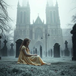 A hauntingly atmospheric scene featuring Bristol Cathedral rising majestically in the background, showcasing its intricate Gothic architecture