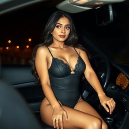 An Indian woman wearing alluring black lingerie that elegantly highlights her figure and showcases her beautiful nude breasts, playfully sitting on the gear knob of a car during a dark night