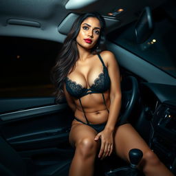 An Indian woman wearing alluring black lingerie that elegantly highlights her figure and showcases her beautiful nude breasts, playfully sitting on the gear knob of a car during a dark night