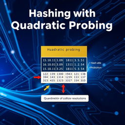 A visually striking cover page for a presentation focused on the algorithm topic 'Hashing with Quadratic Probing'