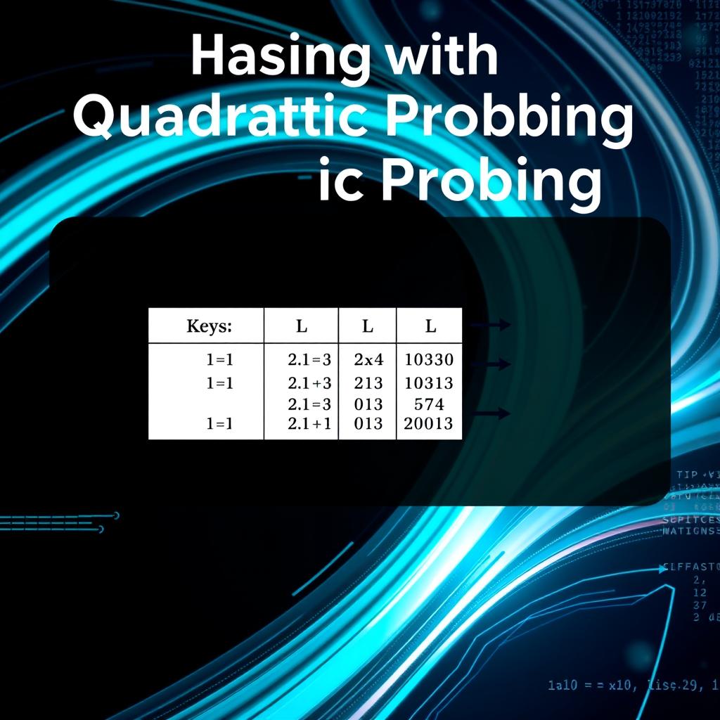 A visually striking cover page for a presentation focused on the algorithm topic 'Hashing with Quadratic Probing'
