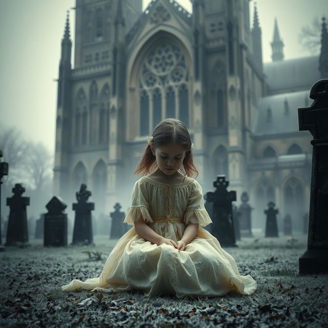 A hauntingly atmospheric scene featuring Bristol Cathedral in the background, showcasing its stunning Gothic architecture with intricate details