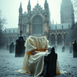 A hauntingly atmospheric scene featuring Bristol Cathedral in the background, showcasing its stunning Gothic architecture with intricate details